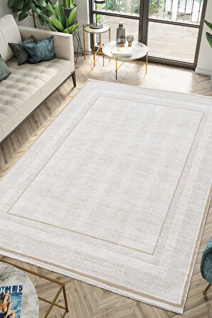Merit MR011A Krem Halı Vizon Bej Rengi Geometrik Detaylı İnce Yumuşak Akrilik Modern Salon Halısı