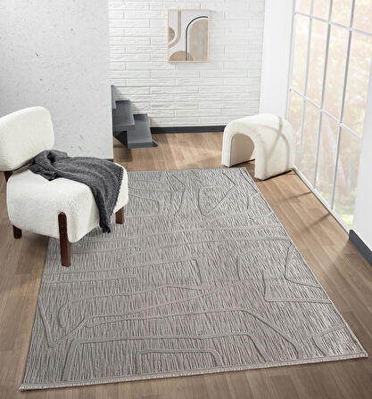 Sümer SM014G Gri Rengi Halı Çizgi Desenli Dekoratif Modern Antialerjik Salon Mutfak Halısı