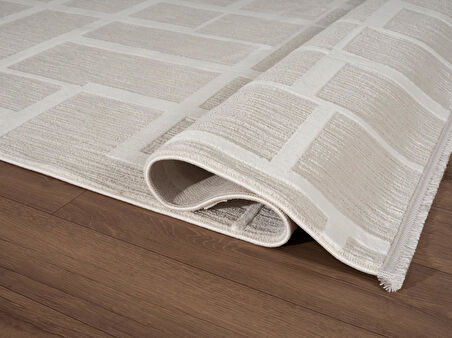 Sümer Sm015a Krem Renkli Halı Çizgi Desenli Dekoratif Modern Antialerjik Salon Mutfak Halısı