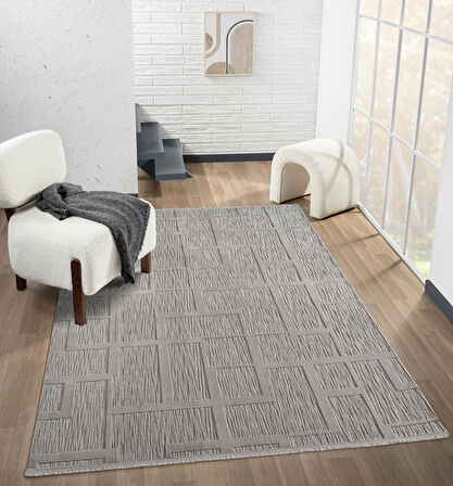 Sümer Sm015g Gri Rengi Halı Çizgi Desenli Dekoratif Modern Antialerjik Salon Mutfak Halısı