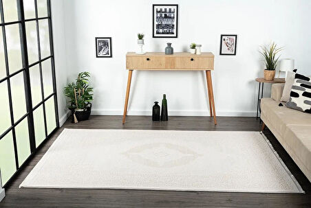 Truva 8342 Krem Halı Bej Detaylı Kalın Akrilik Tozuaz Modern Klasik Salon Halısı Koridor