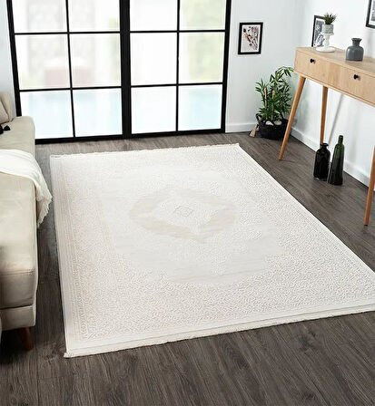 Truva 8342 Krem Halı Bej Detaylı Kalın Akrilik Tozuaz Modern Klasik Salon Halısı Koridor