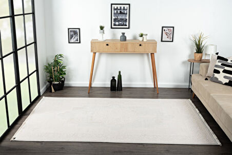 Truva Tv001a Krem Halı Kenar Çerçeveli Göbekli Kalın Akrilik Tozuaz Modern Klasik Salon Halısı