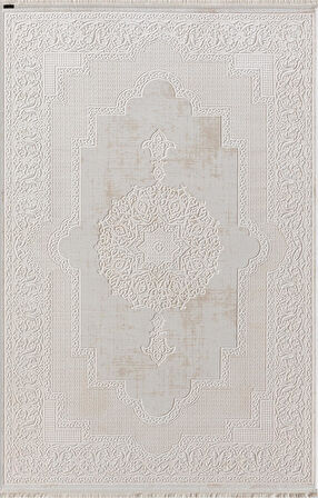 Truva Tv001a Krem Halı Kenar Çerçeveli Göbekli Kalın Akrilik Tozuaz Modern Klasik Salon Halısı