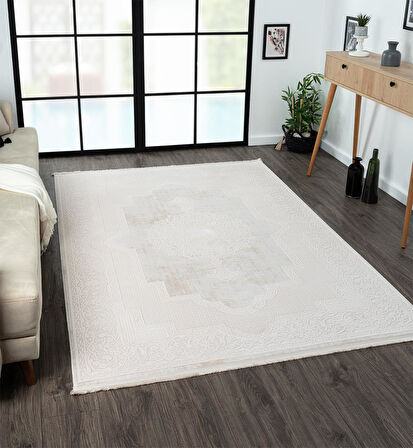 Truva Tv001a Krem Halı Kenar Çerçeveli Göbekli Kalın Akrilik Tozuaz Modern Klasik Salon Halısı