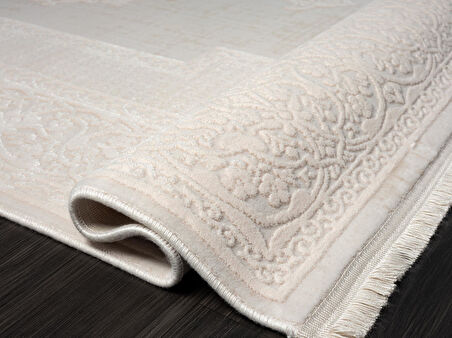 Truva Tv001a Krem Halı Kenar Çerçeveli Göbekli Kalın Akrilik Tozuaz Modern Klasik Salon Halısı