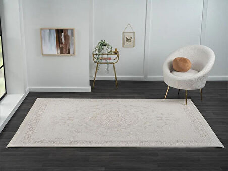 Truva TV011A Bej Vizon Detaylı Göbekli Kalın Akrilik Tozuaz Modern Salon Halısı Yatak Odası Koridor