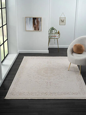 Truva TV011A Bej Vizon Detaylı Göbekli Kalın Akrilik Tozuaz Modern Salon Halısı Yatak Odası Koridor