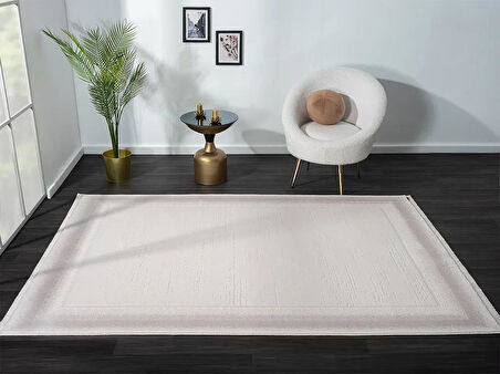 Truva Tv012a Bej Halı Kenar Çerçeveli Kalın Akrilik Tozuaz Modern Salon Halısı Yatak Odası Koridor