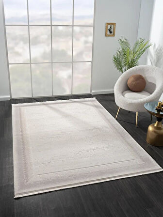 Truva Tv012a Bej Halı Kenar Çerçeveli Kalın Akrilik Tozuaz Modern Salon Halısı Yatak Odası Koridor