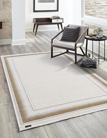 Truva Tv032s Krem Rengi Halı Gold Geometrik Detaylı Akrilik Yumuşak Salon Oturma Odası Halısı