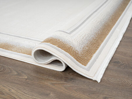 Truva Tv032s Krem Rengi Halı Gold Geometrik Detaylı Akrilik Yumuşak Salon Oturma Odası Halısı