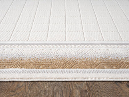 Truva Tv032s Krem Rengi Halı Gold Geometrik Detaylı Akrilik Yumuşak Salon Oturma Odası Halısı