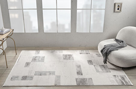 Truva Tv035g Krem Rengi Halı Gri Geometrik Detaylı Akrilik Yumuşak Modern Salon Halısı