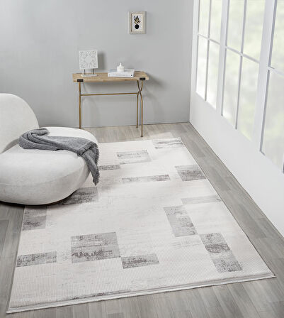 Truva Tv035g Krem Rengi Halı Gri Geometrik Detaylı Akrilik Yumuşak Modern Salon Halısı
