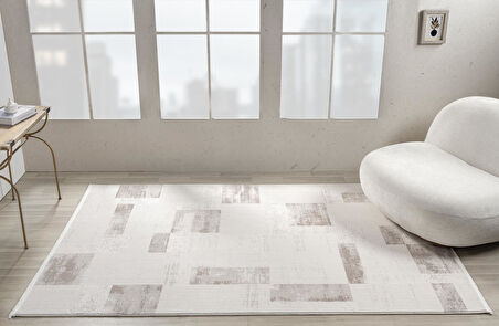 Truva Tv035k Krem Rengi Halı Bej Geometrik Detaylı Akrilik Yumuşak Modern Salon Halısı