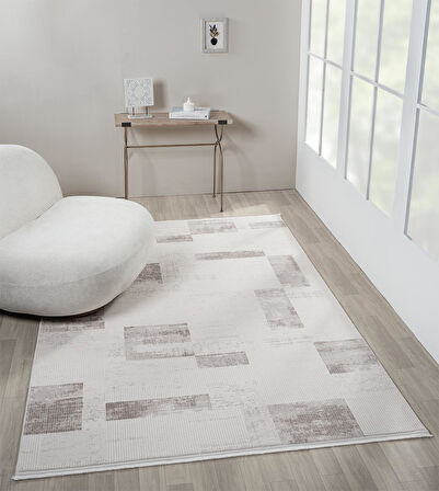 Truva Tv035k Krem Rengi Halı Bej Geometrik Detaylı Akrilik Yumuşak Modern Salon Halısı