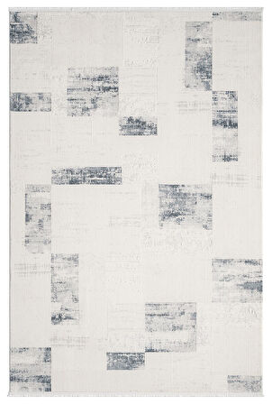 Truva Tv035m Krem Rengi Halı Lacivert Geometrik Detaylı Akrilik Yumuşak Modern Salon Halısı