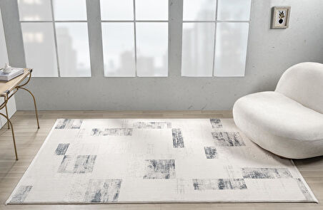 Truva Tv035m Krem Rengi Halı Lacivert Geometrik Detaylı Akrilik Yumuşak Modern Salon Halısı