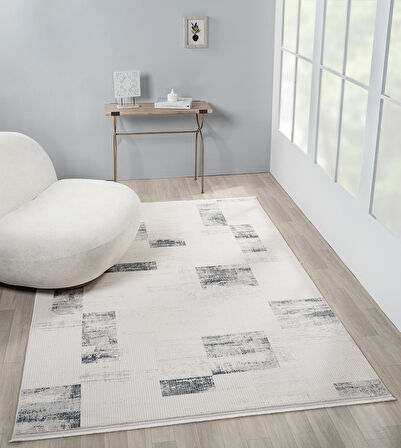 Truva Tv035m Krem Rengi Halı Lacivert Geometrik Detaylı Akrilik Yumuşak Modern Salon Halısı