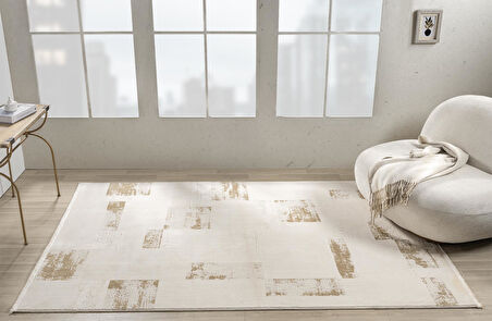 Truva Tv035s Krem Rengi Halı Gold Geometrik Detaylı Akrilik Yumuşak Modern Salon Halısı