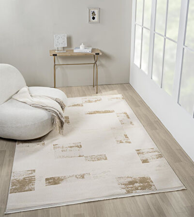 Truva Tv035s Krem Rengi Halı Gold Geometrik Detaylı Akrilik Yumuşak Modern Salon Halısı