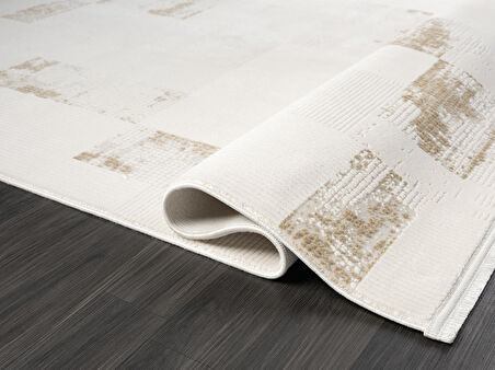 Truva Tv035s Krem Rengi Halı Gold Geometrik Detaylı Akrilik Yumuşak Modern Salon Halısı