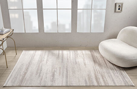 Truva TV036A Krem Rengi Halı Gri ve Bej Detaylı Akrilik Yumuşak Salon Halısı