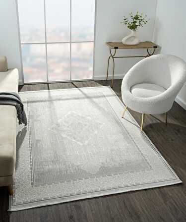 Zenith Zn003a Gri Halı Antrasit Detaylı Göbekli Yumuşak Kadife Ince Antialerjik Salon Halısı Koridor