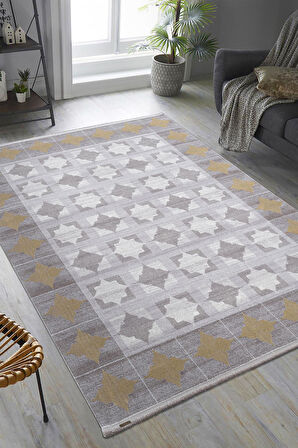 Trend TR008A Gri Halı Gold Detaylı Klasik Geometrik Desenli Akrilik Yumuşak Salon Halısı