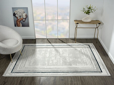 Zenith Zn004a Gri Halı Antrasit Detaylı Lacivert Kenar Çerçeveli Yumuşak Kadife Ince Modern Halı