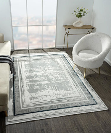 Zenith Zn004a Gri Halı Antrasit Detaylı Lacivert Kenar Çerçeveli Yumuşak Kadife Ince Modern Halı