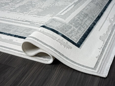 Zenith Zn004a Gri Halı Antrasit Detaylı Lacivert Kenar Çerçeveli Yumuşak Kadife Ince Modern Halı