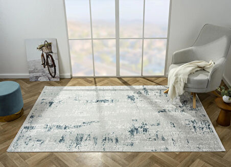 Zenith Zn008a Gri Halı Lacivert Detaylı Modern Yumuşak Kadife Ince Antialerjik Salon Koridor Halısı