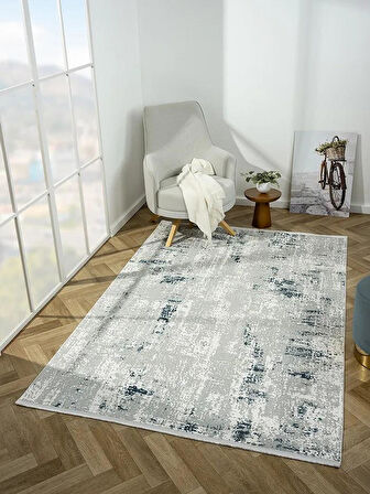 Zenith Zn008a Gri Halı Lacivert Detaylı Modern Yumuşak Kadife Ince Antialerjik Salon Koridor Halısı