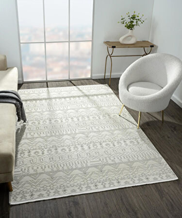 Zenith Zn010a Gri Halı Etnik Desenli Modern Parlak Yumuşak Kadife Ince Antialerjik Salon Koridor