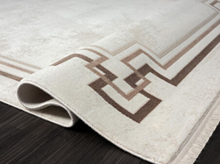 Dark Dk007a Beyaz Halı Bej Detaylı Kahverengi Kenar Çerçeveli Akrilik Tozuaz Modern Salon Halısı