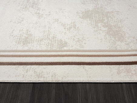 Dark Dk007a Beyaz Halı Bej Detaylı Kahverengi Kenar Çerçeveli Akrilik Tozuaz Modern Salon Halısı