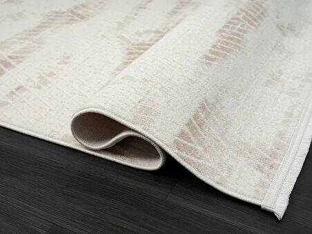 Lotus Plus 08583a Beyaz Halı Bej Detaylı Ince Akrilik Tozuaz Salon Halısı Yatak Odası Halısı Koridor