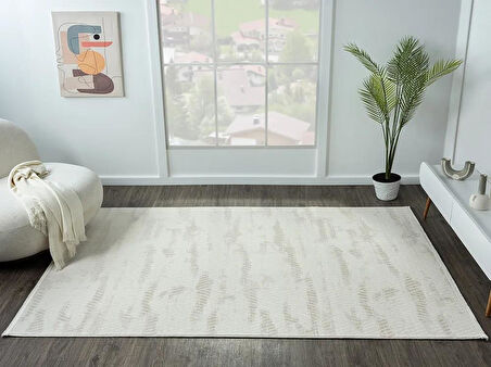 Lotus Plus 08583a Beyaz Halı Bej Detaylı Ince Akrilik Tozuaz Salon Halısı Yatak Odası Halısı Koridor