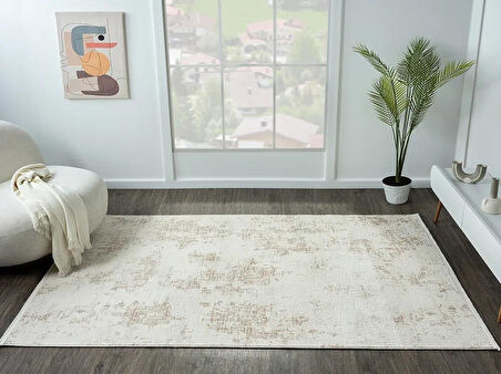 Lotus Plus 08584a Beyaz Halı Kahverengi Detaylı Ince Akrilik Tozuaz Salon Halısı Yatak Odası Koridor