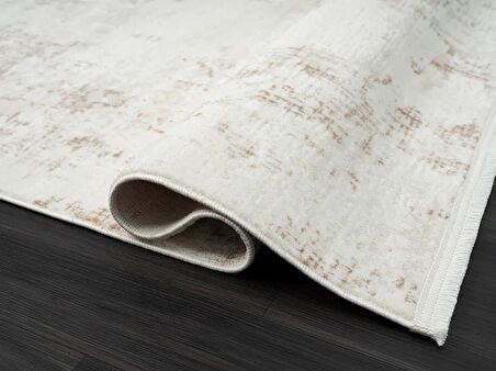 Lotus Plus 08584a Beyaz Halı Kahverengi Detaylı Ince Akrilik Tozuaz Salon Halısı Yatak Odası Koridor