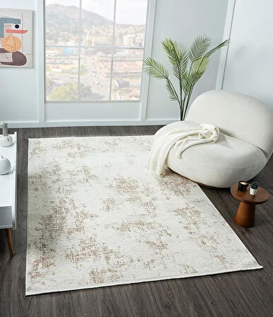 Lotus Plus 08584a Beyaz Halı Kahverengi Detaylı Ince Akrilik Tozuaz Salon Halısı Yatak Odası Koridor