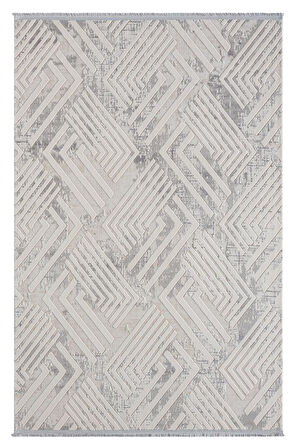 Kaftan Kf006g Bej Halı Gri Detaylı Geometrik Kabartma Desenli Akrilik Halı Tozuaz Salon Halısı