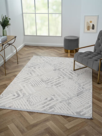 Kaftan Kf006g Bej Halı Gri Detaylı Geometrik Kabartma Desenli Akrilik Halı Tozuaz Salon Halısı