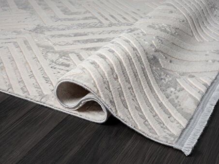 Kaftan Kf006g Bej Halı Gri Detaylı Geometrik Kabartma Desenli Akrilik Halı Tozuaz Salon Halısı