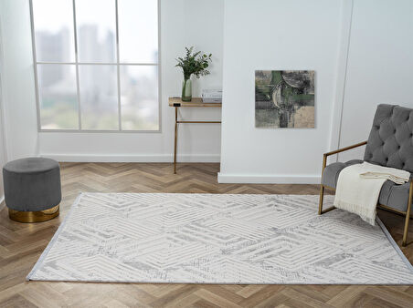 Kaftan Kf006g Bej Halı Gri Detaylı Geometrik Kabartma Desenli Akrilik Halı Tozuaz Salon Halısı