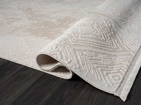 Kaftan Kf007b Bej Halı Geometrik Kabartma Desenli Akrilik Halı Tozuaz Salon Halısı Yatak Odası 