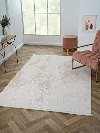 Kaftan Kf007b Bej Halı Geometrik Kabartma Desenli Akrilik Halı Tozuaz Salon Halısı Yatak Odası 