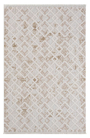 Kaftan Kf008a Bej Halı Kahverengi Detaylı Geometrik Kabartma Desenli Akrilik Halı Tozuaz